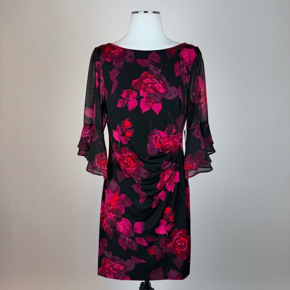 Jessica Howard Dresses & Skirts - NWT Jessica Howard Black Pink Floral Bell Sleeve Sheath Cocktail Dress Size 16P